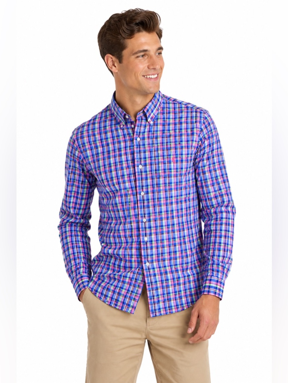 Ralph Lauren Slim Fit Dress Shirt Size Medium Pink Plaid Long Sleeve Preppy